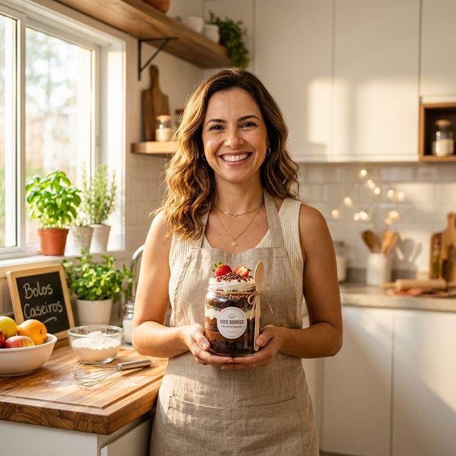 Mulher feliz fazendo bolo de pote